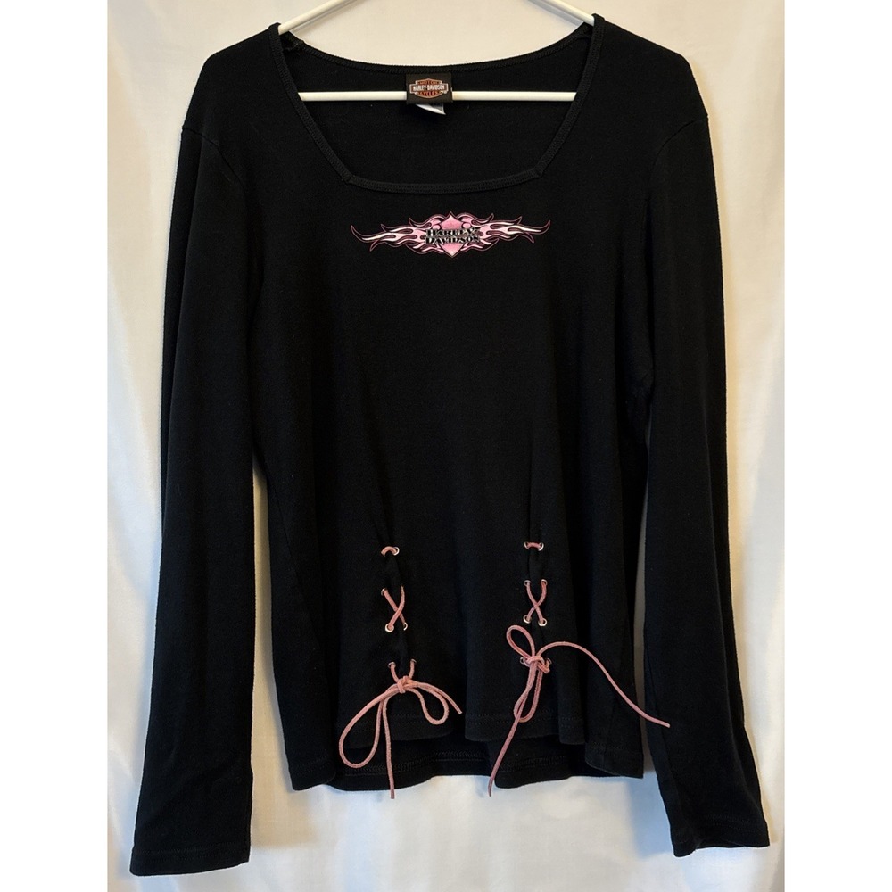 Vtg Y2K Harley Davidson Black Baby Tee Sz XL Grunge Pink Flame Front Tie Detail